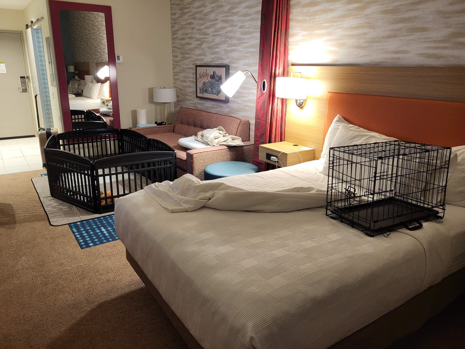 Hotel room with puppy pen